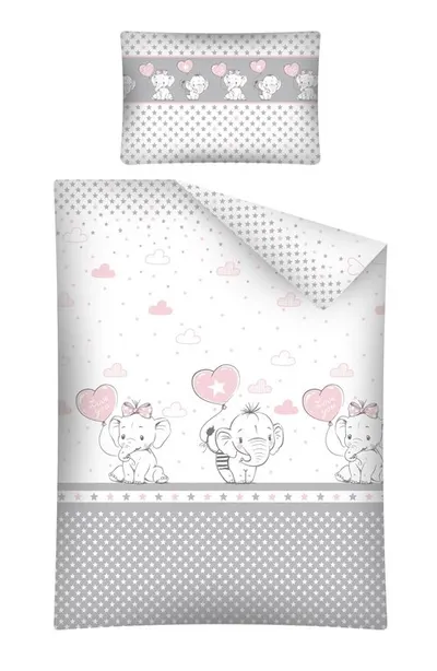 Lenjerie patut cu 3 piese 120x60 cm Elefant cu balon inima roz