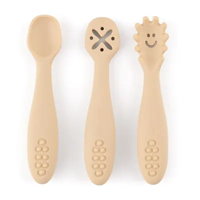 Set 3 lingurite, Petite&Mars, Diverse forme, Pentru supa, paste, alimente usoare, Dezvolta simturile si abilitatile senzoriale, Silicon, Fara BPA, 6 luni+, Bej