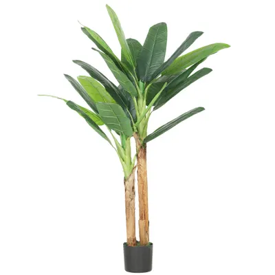 HOMCOM Arbore de banan artificial 150 cm Plantă artificială decorativă cu ghiveci și 2 trunchiuri pentru Casă Birou Living Verde | Aosom Romania