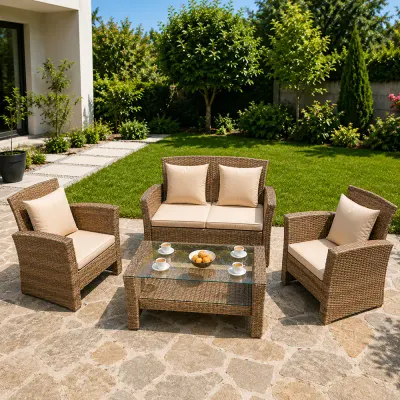 Set mobilier gradina Santorini, 4 piese, fotolii, canapea, masuta de cafea, poliratan bej