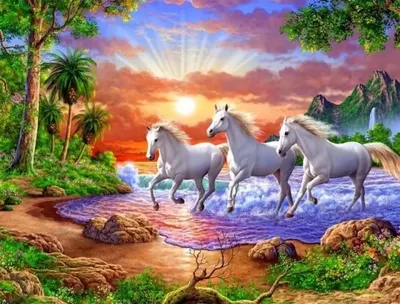 Pictură mozaic cu diamante MagicArt: Premium - Mustangi albi, 30 x 40 cm, cu mărgele rotunde + AB