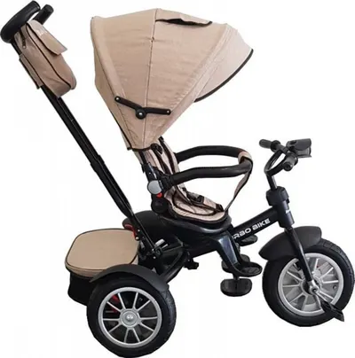 Tricicleta pentru copii Baby Care Turbo Bike Crem cu Far luminos, Roti din cauciuc, Pozitie somn, Pedale si maner pentru parinti, Scaun reversibil cu invartire 360 grade , Cadru metalic, Dimensiuni 110X45X90 cm