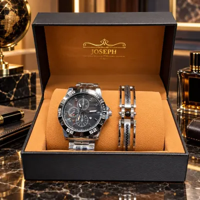 Set Cadou Premium pentru Bărbați – Ceas Metalic Argintiu cu Cadran Negru + Brățară Elegantă, Cutie de Prezentare