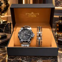 Set Cadou Premium pentru Bărbați – Ceas Metalic Argintiu cu Cadran Negru + Brățară Elegantă, Cutie de Prezentare