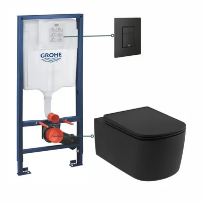 Set vas wc suspendat, rimless, negru mat, Kludi Resa S si rezervor incastrat Grohe Solido 3 in 1 cu clapeta neagra mata Even