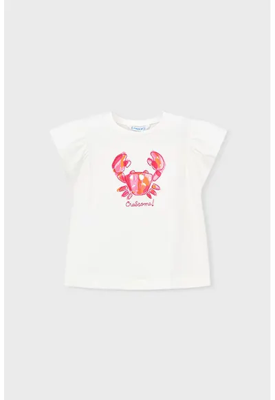 Tricou din amsetec de bumbac cu maneci fluture - Alb murdar/Roz pal