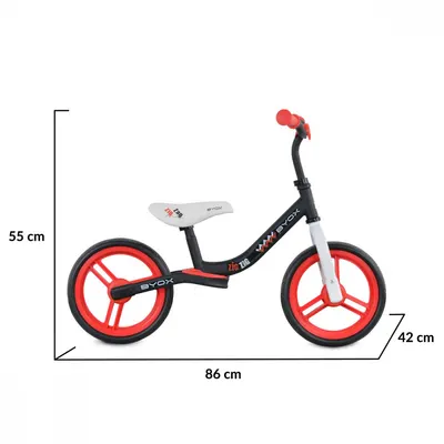 Bicicleta copii fara pedale Byox Zig-Zag Red 12 inch, roti din cauciuc EVA, scaun ajustabil pe inaltime de la 36 cm pana la 45 cm, de la 2 ani pana la greutatea maxima admisa de 20 kg