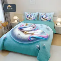 Cuvertura Matlasata, Bumbac Finet, cu Imprimeu 5D, 220x240cm + 2 fete de perna 50x70cm, Bleu, Unicorn