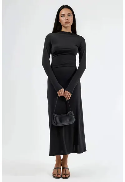Rochie Maxi mulata cu detalii drapate - negru - poliester-elastan