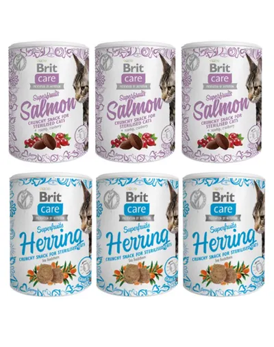 BRIT Care Cat Snack Superfruits 6x100 g hering si somon pentru pisici sterilizate, mix arome