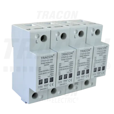 Descarcator de supratensiuni,AC/DC,clasa1+2,unitar cu soclul TTV1+2-100-4P 230/400 V, 50 Hz, 8 kA (10/350 us) 50/100 kA (8/20 us),4P