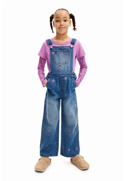 Salopeta de denim cu detalii floare - Albastru inchis