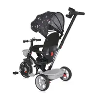 Tricicleta pentru copii Lorelli Revel Black Cosmos cu sezut rotativ la 360 grade, 1-5 ani, maner cu control al directiei, scaun confortabil cu husa moale, suport pentru picioare, sistem roata libera si roti mari din cauciuc Eva