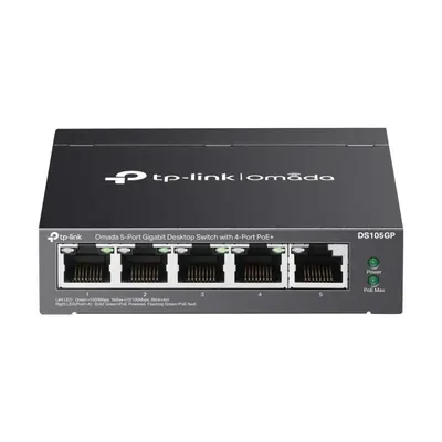 Omada 5-Port Gigabit Desktop Switch with 4-Port PoE+ PORT: 4× Gigabit PoE+ Ports, 1× Gigabit Non-PoE Port SPEC: 802.3af/at, 65