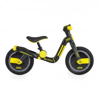 Bicicleta copii fara pedale Byox Harly Yellow 12 inch, de la 2 ani pana la 50 kg, scaun moale reglabil de la 33-38 cm, anvelope din cauciuc plin, manere din cauciuc moale