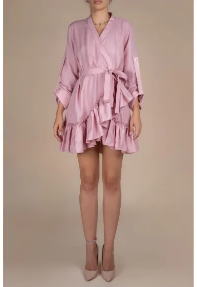 Rochie petrecuta cu mansete late si volan Pink