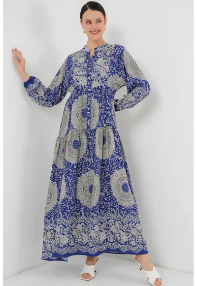 Rochie maxi - HiCCUP - imprimeu - albastru cobalt - gri - viscoza - Albastru