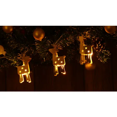 Lant de lumina LED de Craciun, cerb , din metal, cu baterii Timer 6+18h,10LED, 3000K, 2xAA