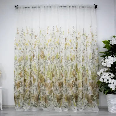 Perdea din matase imprimata, flori maro, 140cm latime x 260cm inaltime, cu rejansa pt bara
