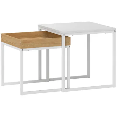 HOMCOM Set de Măsuțe de Cafea Impilabile Moderne cu Tavă, 45x45x45 cm, Alb și Stejar | Aosom Romania