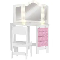 AIYAPLAY Masă de toaletă pentru copii 2 în 1 cu scaun oglindă triptică și lumini LED bicolore 93,6 x 48,5 x 111,5 cm alb | Aosom Romania
