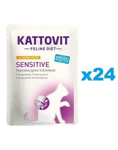 KATTOVIT Feline Diet Sensitive hrana umeda dietetica pentru pisici cu alergii alimentare, pui si curcan 24 x 85 g