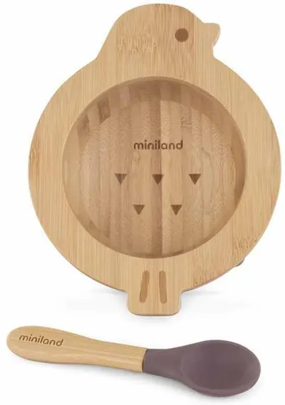 Set bol din lemn cu vacuum și lingură Miniland - Eco Friendly, Bird