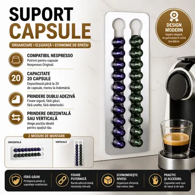 Suport pentru 20 Capsule Nespresso, Montare Adeziv 3M Inclus