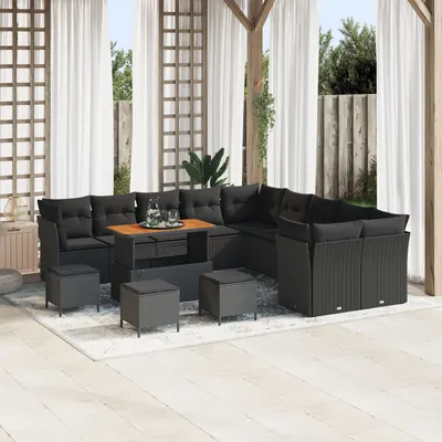 Set canapea de gradina Gossi 13 piese cu perne din ratan negru acacia, set dining de gradina Gossi 3 piese cu perne din ratan negru acacia