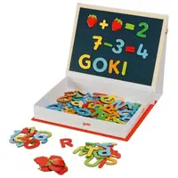 Joc magnetic scolar cu litere si cifre, 122 piese, in cutie din lemn GOKI 58420