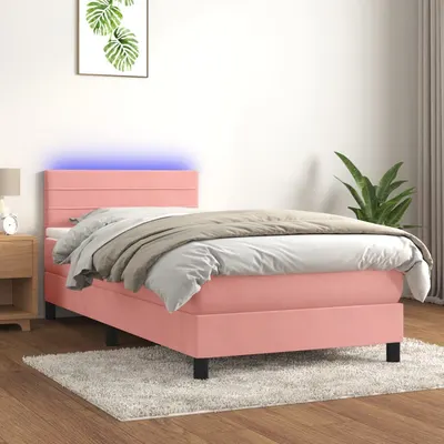 Gossi pat cu arcuri, saltea si led, roz, 90x190 cm, catifea