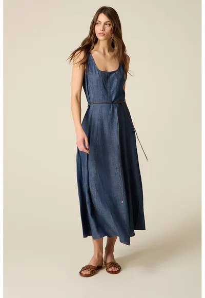 Rochie lunga din denim cu cordon in talie - Bleumarin