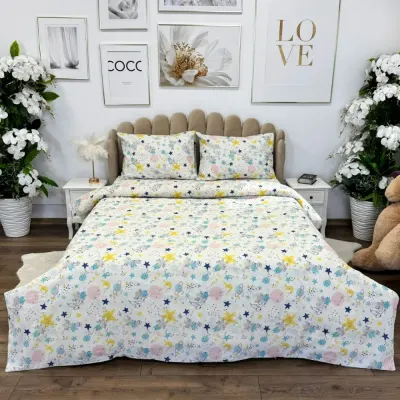 Lenjerie de Pat Dublu, Policoton Ranforsat, 4 piese, Atelier Cumparamisim, Multicolor, planete