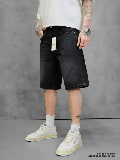 Blugi Scurți Baggy Denim Raw Black Faded Psas214(1801) (mărime: 30)