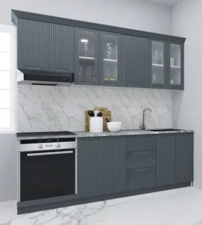 Set bucatarie SPACE 220 cm, 8 corpuri, corp cuptor, cu sertare, blat termorezistent, fronturi MDF, antracit