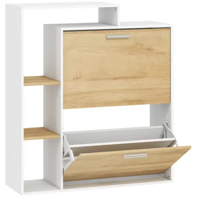 HOMCOM Dulap Slim pentru Pantofi cu 2 Sertare Rabatabile, Dulap Intrare cu Rafturi Reglabile, 3 Rafturi Deschise, Spațiu pentru 8 Perechi de Pantofi, Alb și Lemn Natural, 80x26x90 cm | Aosom Romania