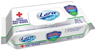 Șervețele umede cu capac Lara Med - Antiseptic pentru mâini și față, 80 buc