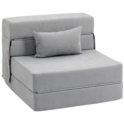 HOMCOM Sofa la sol, canapea tapițată, transformabilă în saltea, spumă, pernă, Gri deschis | Aosom Romania