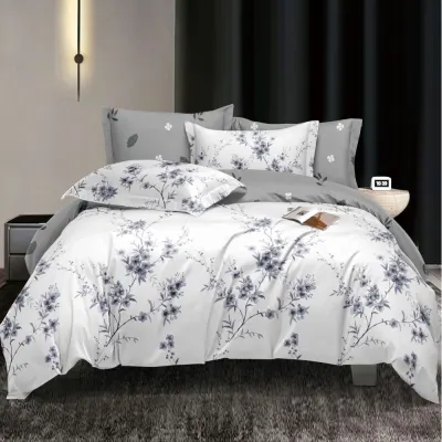 Lenjerie pat dublu, bumbac satinat, cearsaf clasic, 4 piese, Gri, flori