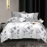 Lenjerie pat dublu, bumbac satinat, cearsaf clasic, 4 piese, Gri, flori