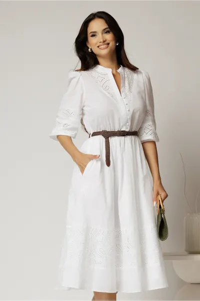Rochie DY Fashion alba din bumbac cu insertii perforate si curea in talie