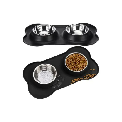 Bol hranire caini/pisici 2 in 1, material antiaderent, metal/silicon, 450ml, argintiu/negru
