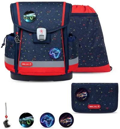 Set școlar Belmil - Gamer, ghiozdan, penar, sac și 3 insigne