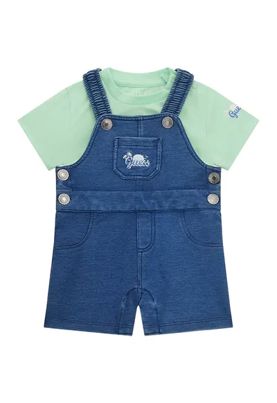 Set de tricou si salopeta din bumbac - 2 Piese - Verde deschis/Albastru