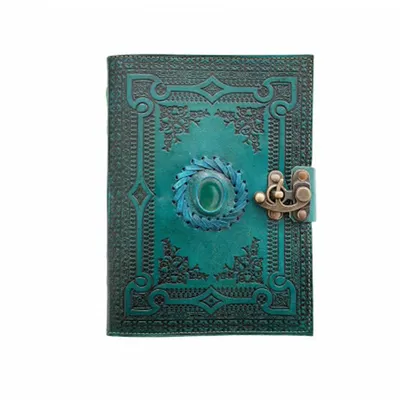 Jurnal vintage, 20x15cm, piele naturala, piatra verde cu simboluri, Krashell
