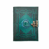 Jurnal vintage, 20x15cm, piele naturala, piatra verde cu simboluri, Krashell