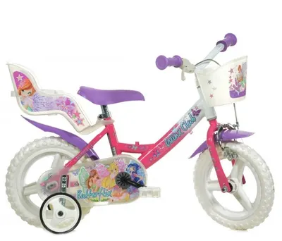 Bicicleta copii Dino Bikes Winx 12 inch, varsta 3-4 ani, inaltimea recomandata 87-110 cm, cosulet pentru cumparaturi si scaunel pentru papusa, frana pe roata din fata, roti din cauciuc EVA