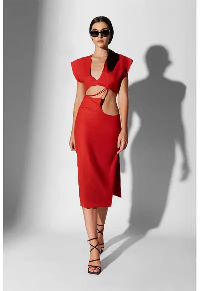 Rochie din amestec de in cu decupaje Rubi - Rosu