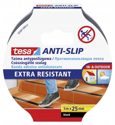Bandă antiderapantă Tesa – Extra Resistant, 5 m x 25 mm, neagră