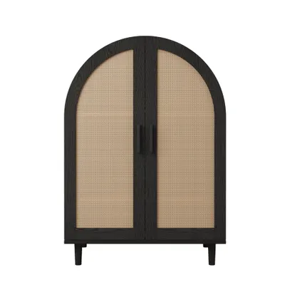 Dulap pentru pantofi cu exterior rotunjit, uși din ratan decupate și 3 rafturi, 70x40x100 cm, Culoare naturală+Negru
